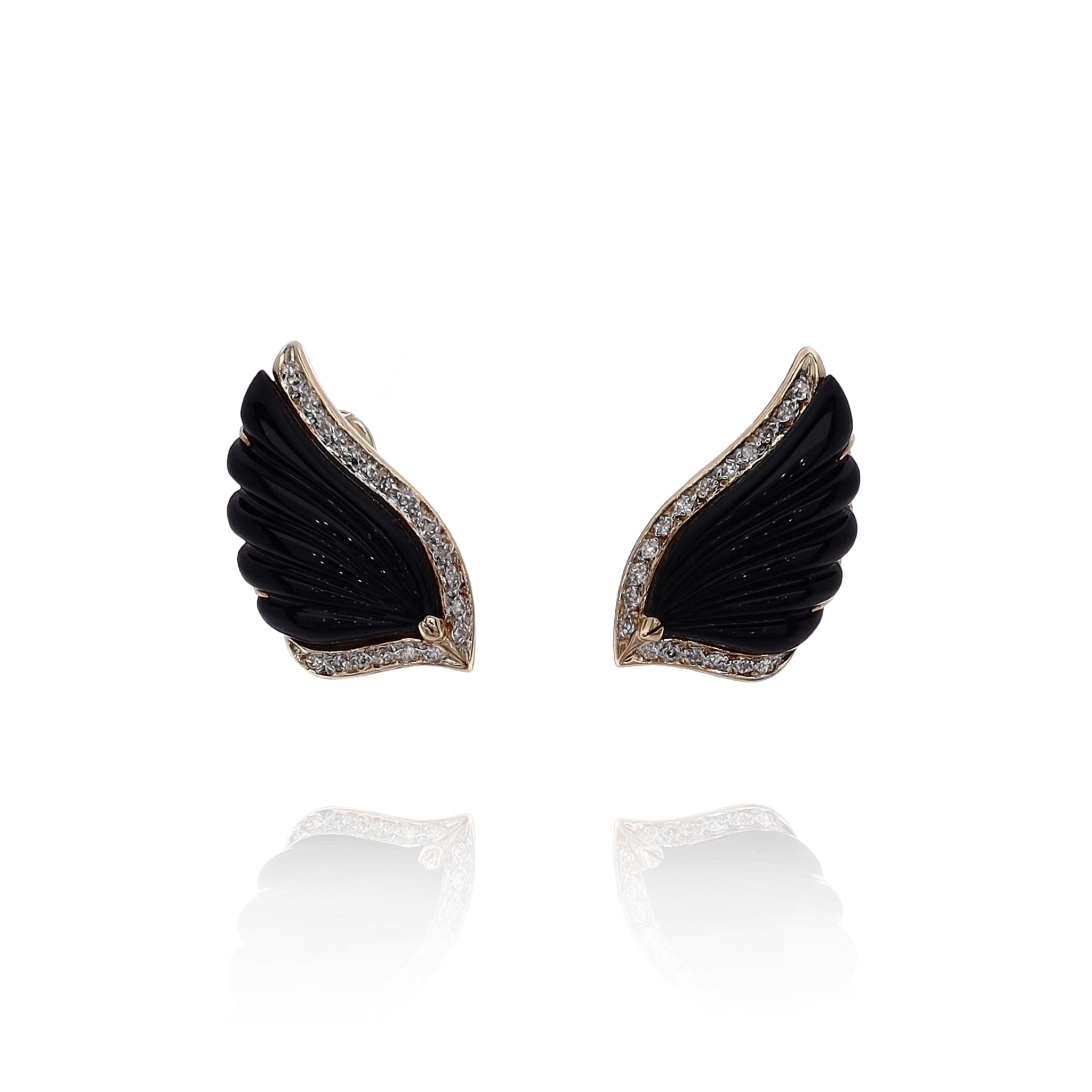 14k Yellow Gold Onyx and Diamond Stud Earrings with Scalloped Wing Design
