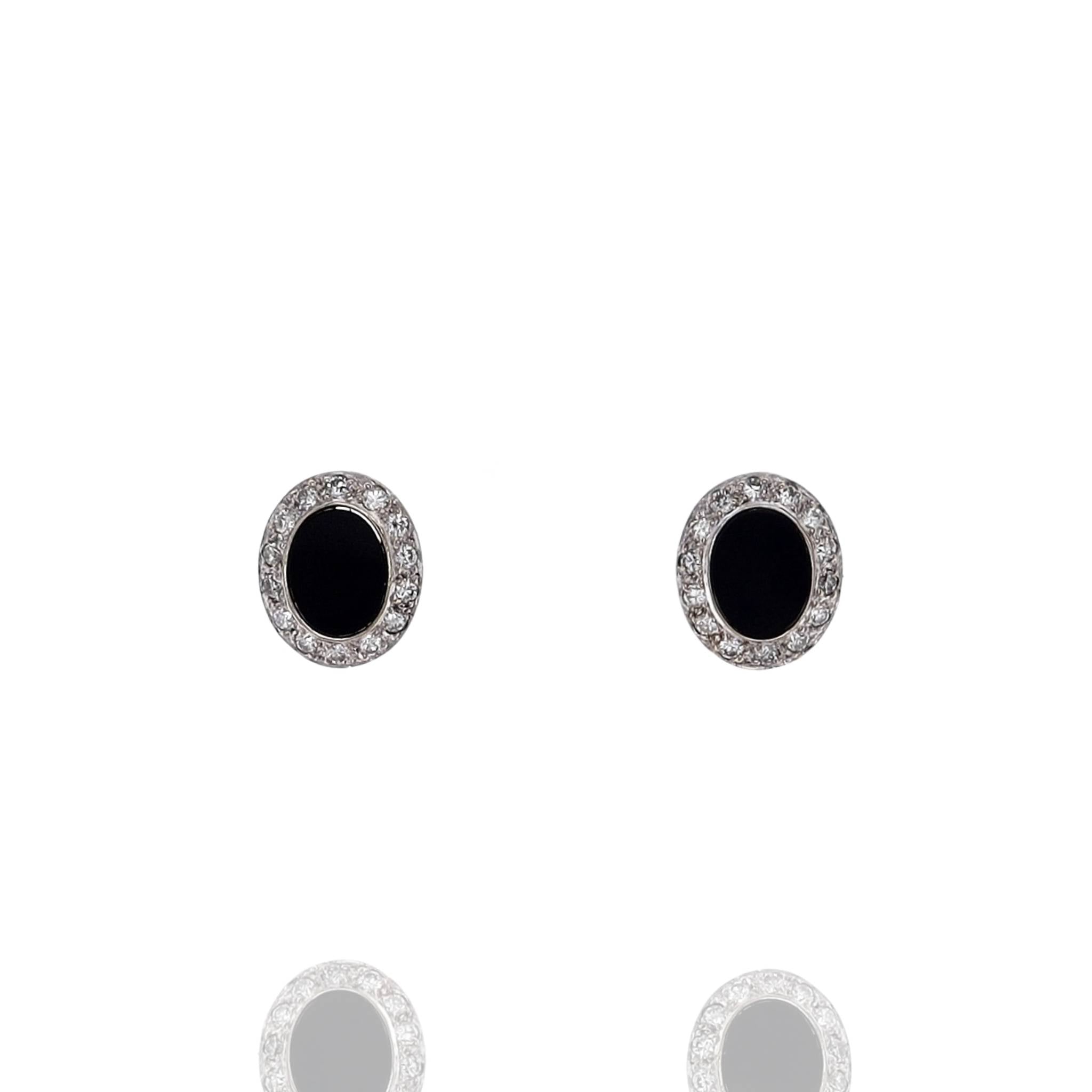 18k Two-Tone Estate Oval Black Chalcedony Stud Earrings with Diamonds