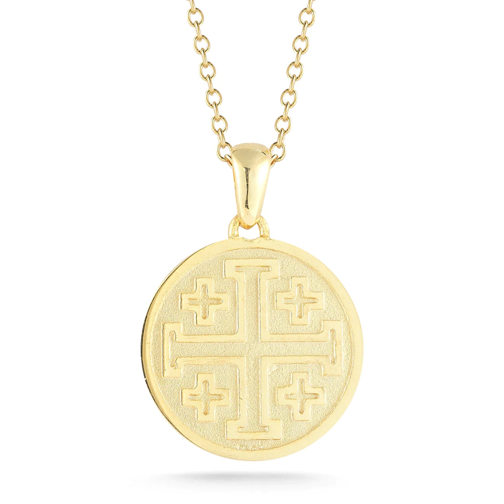 14k Yellow Gold Matte Finish Jerusalem Cross Necklace on 16-Inch Rolo Chain