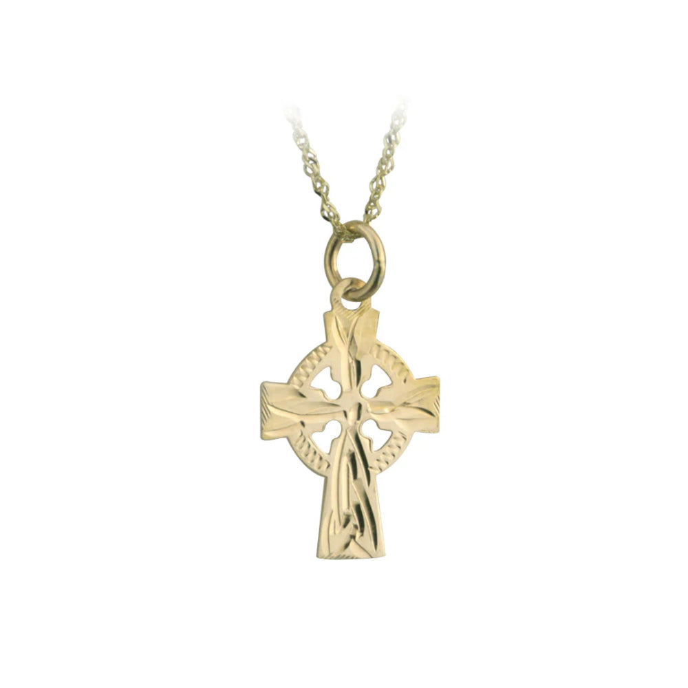 14k Gold Hand - Engraved Small Celtic Cross Pendant Necklace for Celtic Jewelry Collection