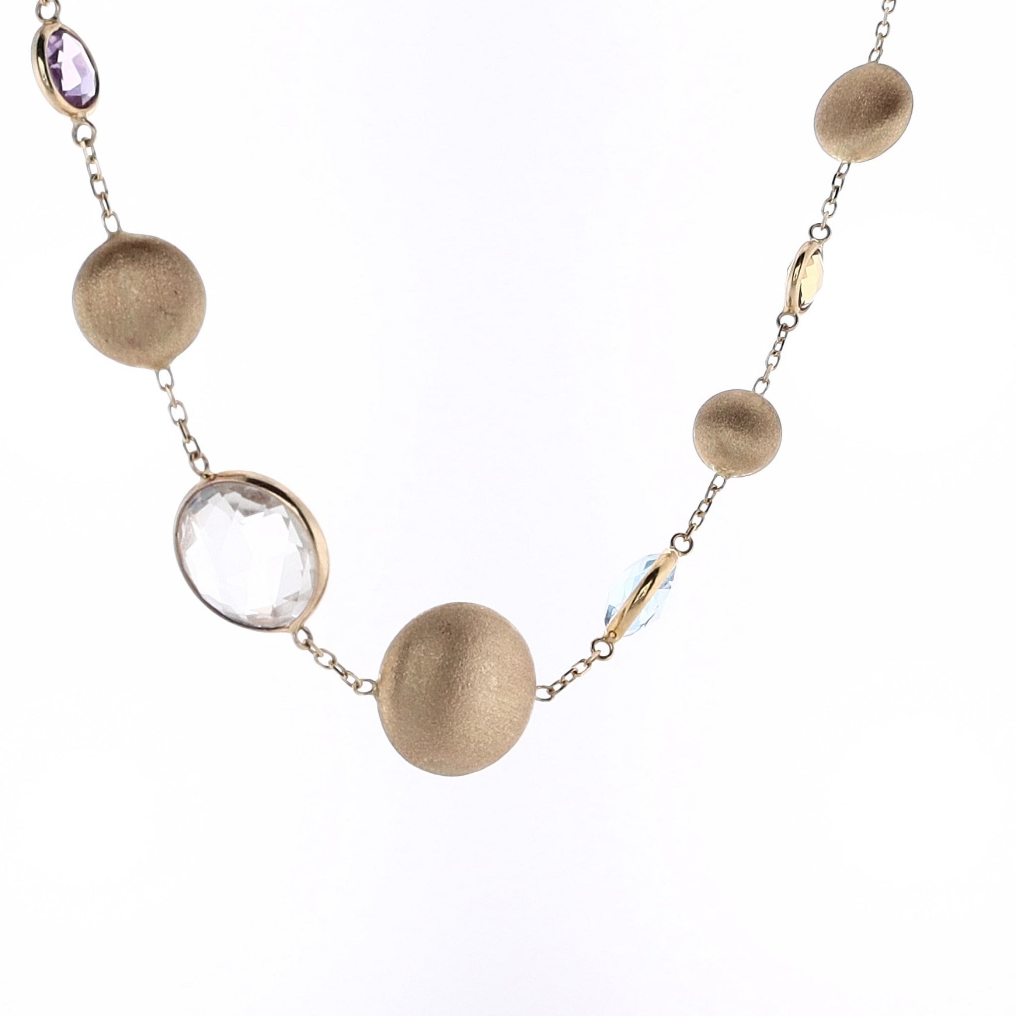 14 Karat Yellow Gold Necklace with Alternating Multi - colored Stones and Gold Station Beads