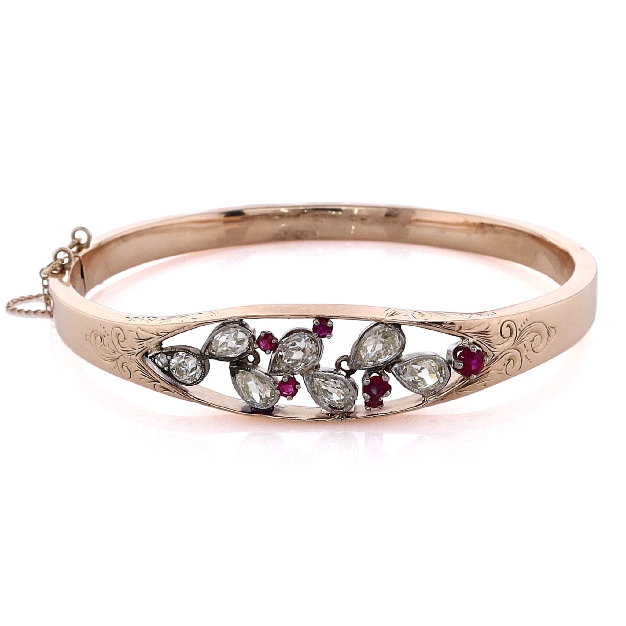 14K Yellow Gold Engraved Diamond & Ruby Hinged Bangle Bracelet with Safety Chain