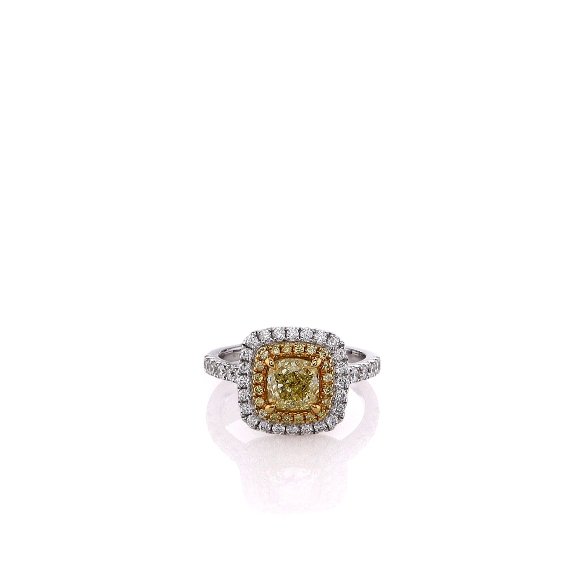 Exquisite 18k Two-Tone Double Halo Engagement Ring with Yellow and White Diamonds