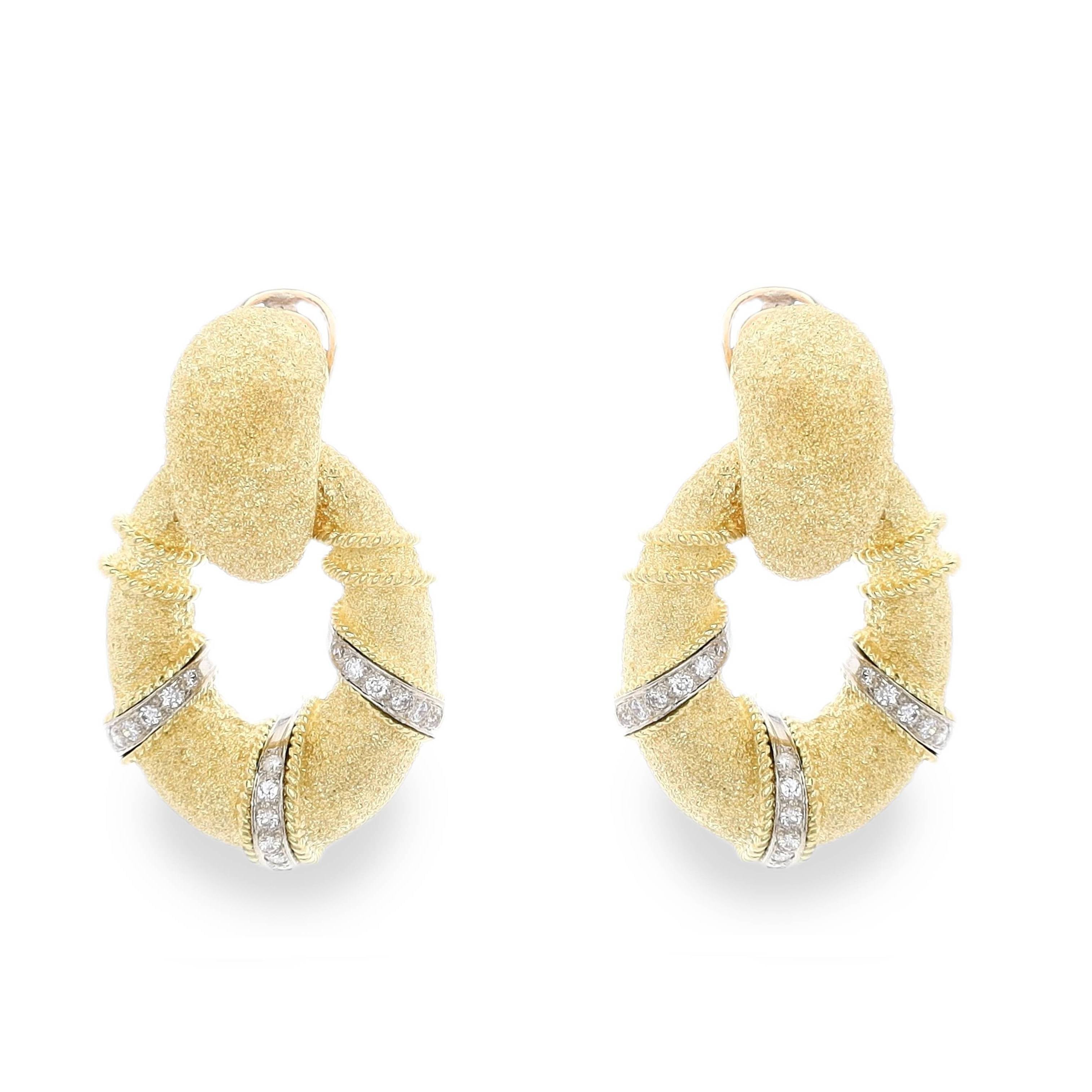 18k Yellow and White Gold Textured Diamond Door Knocker Earrings