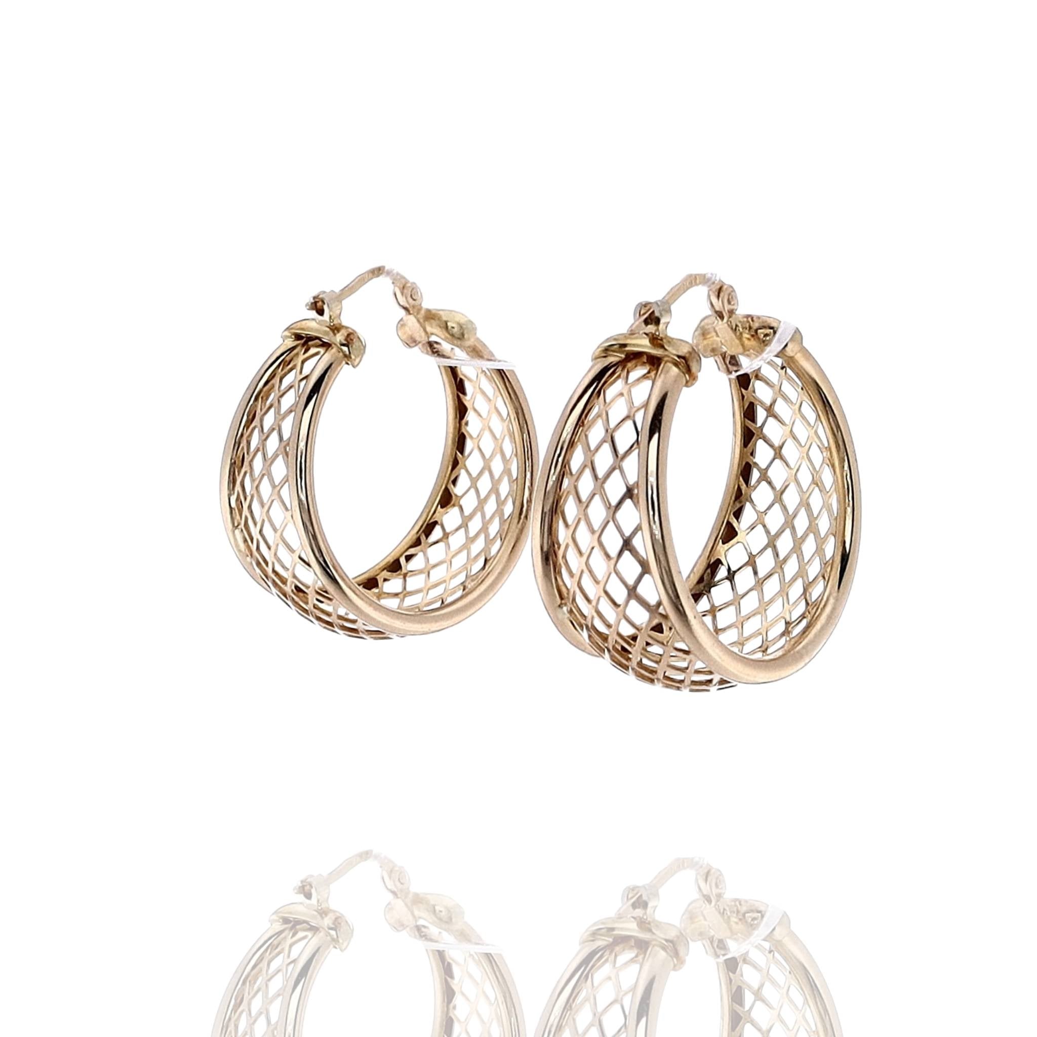 Elegant Estate Style 14k Yellow Gold Hoop Earrings with Tapered Lattice Center Design