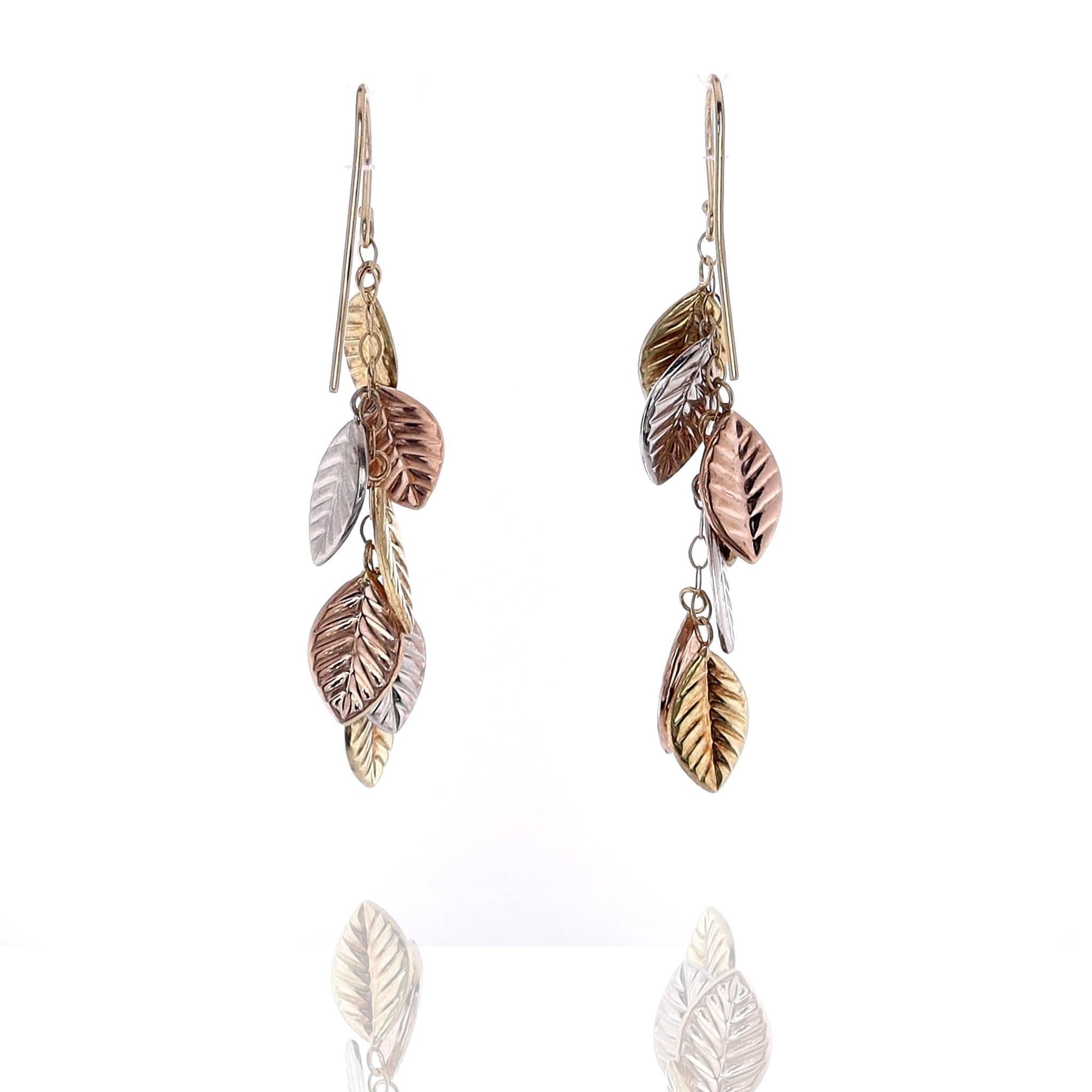 Exquisite 14k Tri - Tone Gold Dangle Earrings with Leaf - Shaped Design