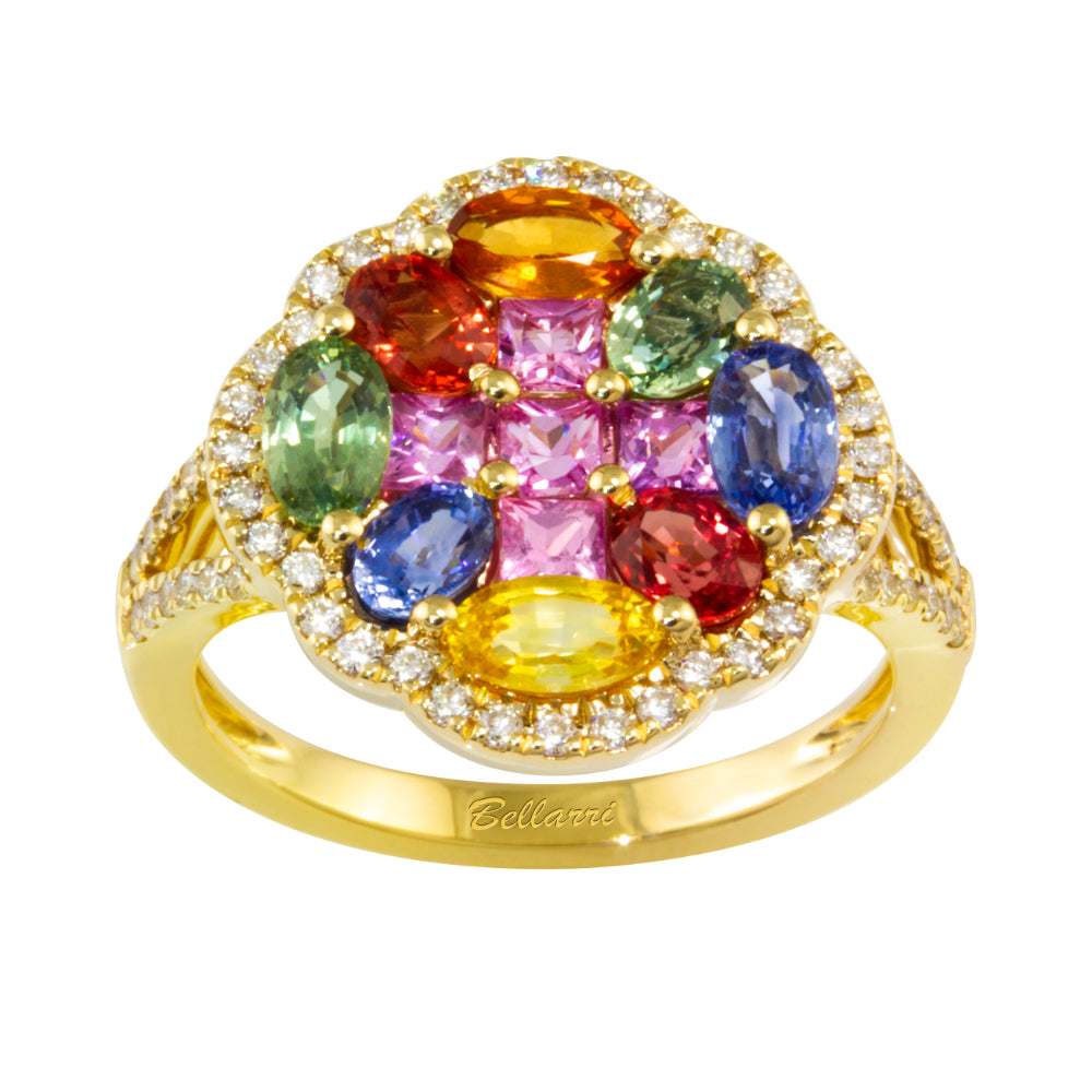 Bellarri Princessa 14k Yellow Gold Ring with Diamonds and Multicolor Sapphires