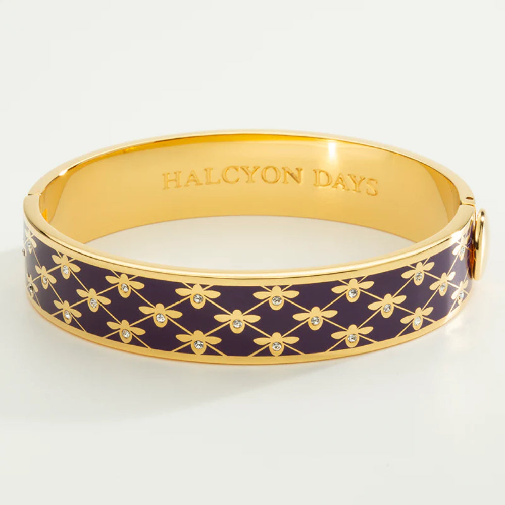 Halcyon Days 13mm Gold - Plated Enamel Hinged Bee Sparkle Trellis Design Jewelry Bangle