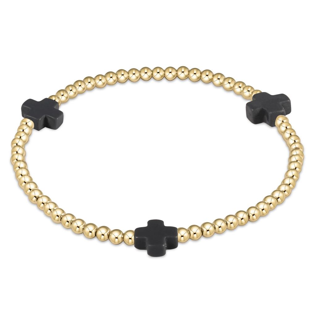 enewton Signature Cross Gold Pattern 3mm Bead Stretch Bracelet - Charcoal Color, 7.25 Inches