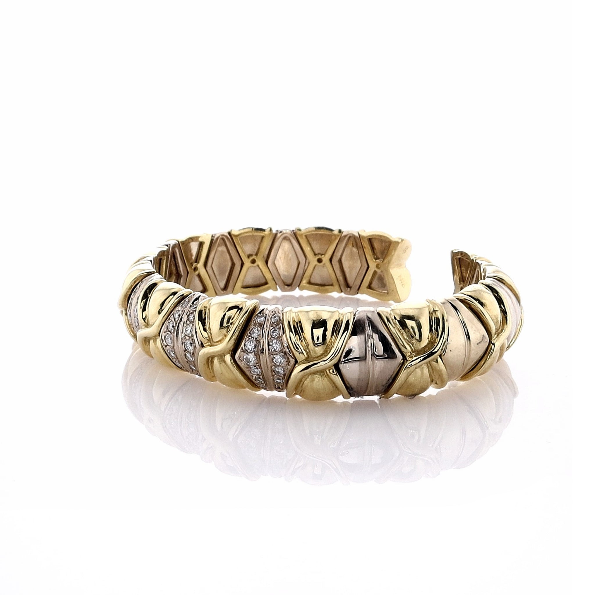 18k Two Tone Gold 13mm Wide Flexible Cuff Bracelet with Sparkling Diamonds