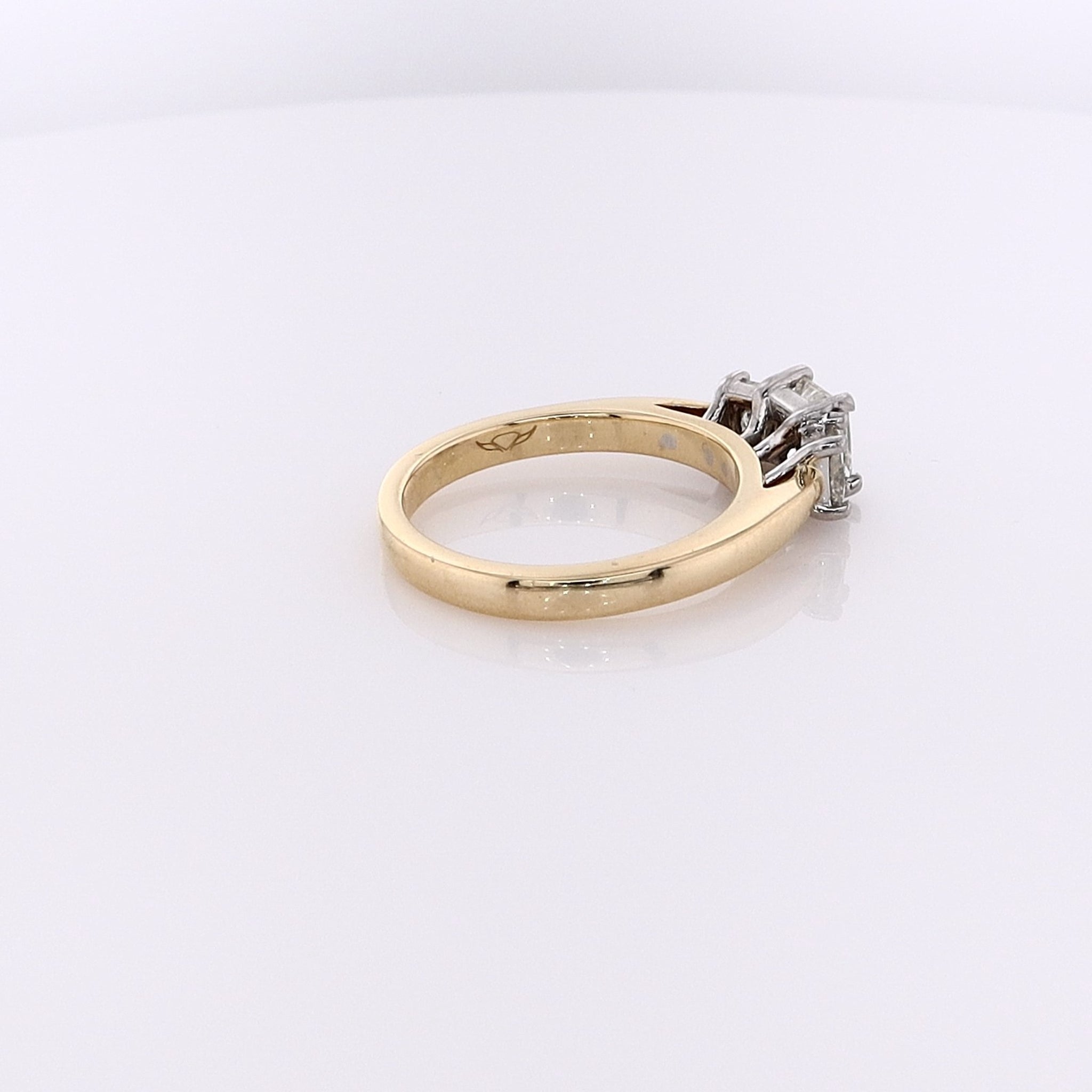 Exquisite Estate Martin Flyer 18 Karat Yellow Gold and Platinum Three - Across Diamond Engagement Ring for Lovers