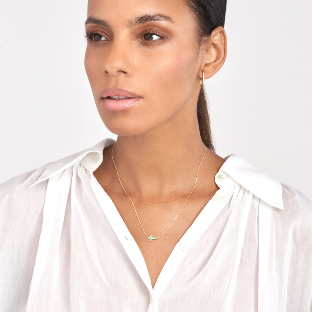 14k Yellow Gold Adjustable Sideways Enamel Cross Necklace